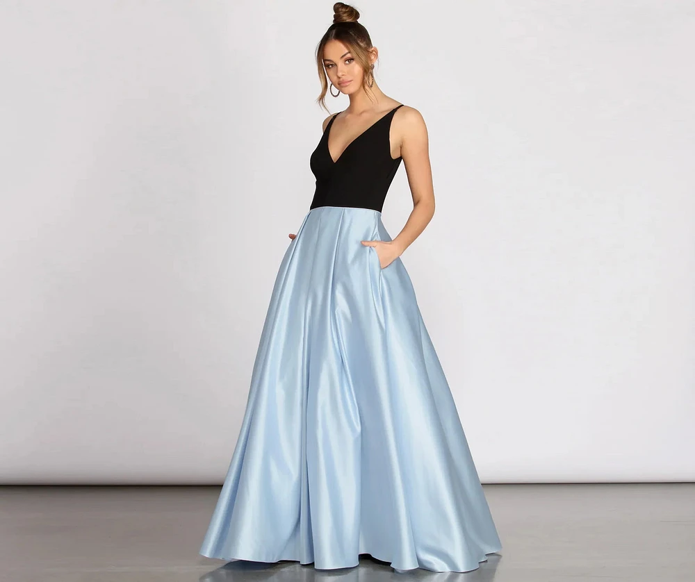 Lila Deep V Satin Ball Gown