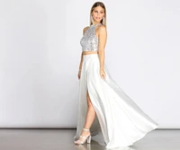 Atara Iridescent Sequin Two Piece Satin Dress