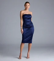 Luxe Sheen Strapless Ruched Satin Midi Dress