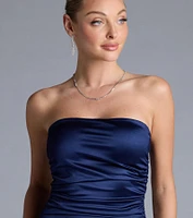Luxe Sheen Strapless Ruched Satin Midi Dress