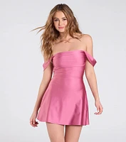 Classics Lover Off-The-Shoulder Satin A-Line Mini Dress