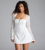 Flirty Factor Lace Long Sleeve Crepe Mini Dress