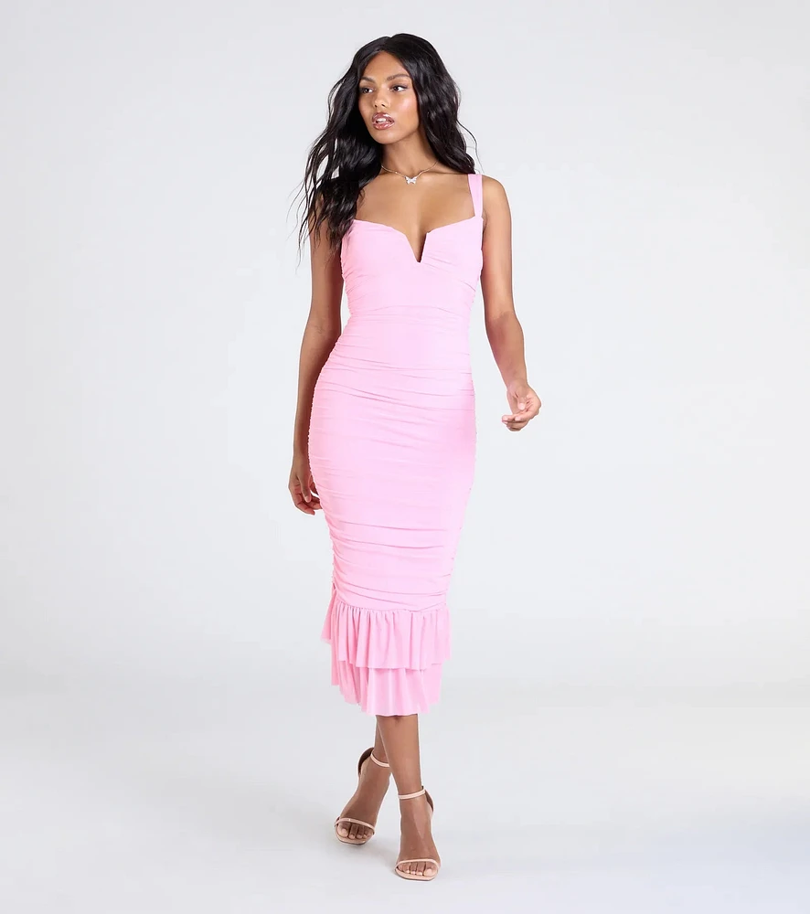Turn On The Charm Ruffled Mesh Midi Dress
