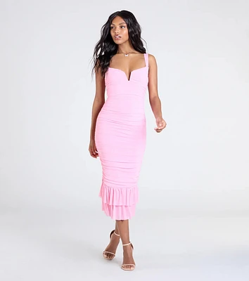 Turn On The Charm Ruffled Mesh Midi Dress