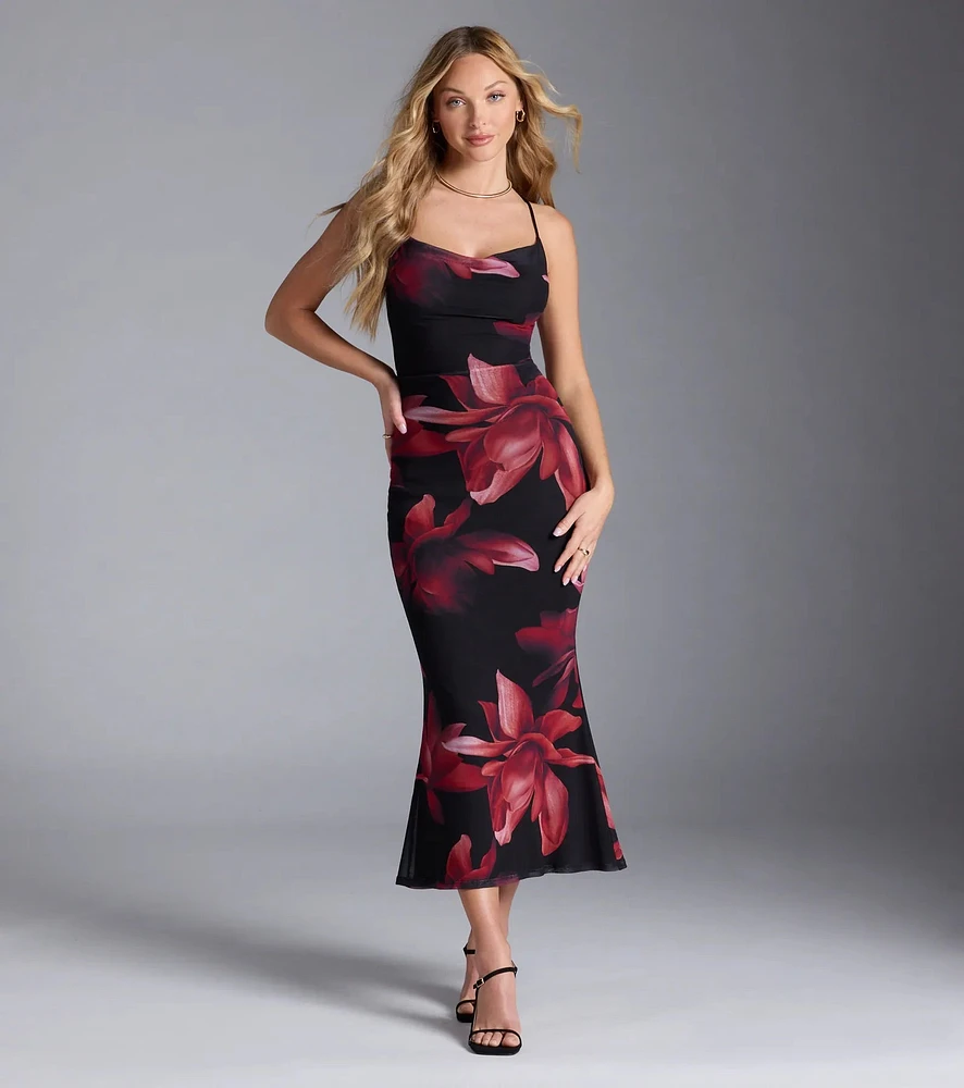 Captivating Floral Mesh Lace-Up Midi Dress