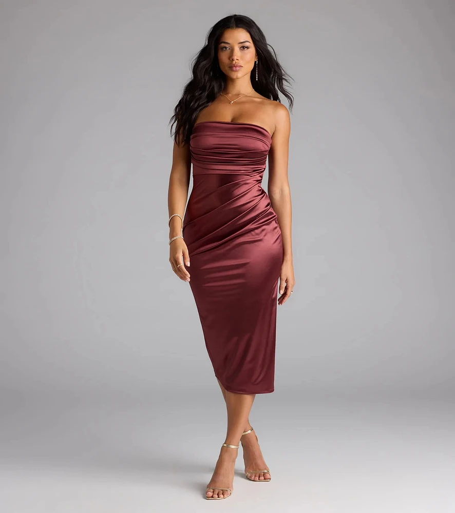 Cocktail Hour Strapless Satin Slit Midi Dress