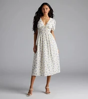 Summer Smiles Floral Puff Sleeve A-Line Midi Dress