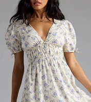 Summer Smiles Floral Puff Sleeve A-Line Midi Dress
