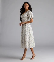 Summer Smiles Floral Puff Sleeve A-Line Midi Dress