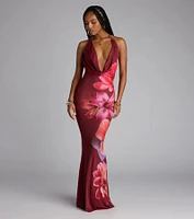 Amalfi Coast Plunge Neck Mermaid Floral Maxi Dress