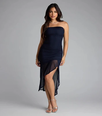 All Eyes on You Strapless Ruffle Midi Dress