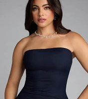 All Eyes on You Strapless Ruffle Midi Dress