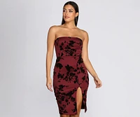 Budding Romance Flocked Tube Midi Dress