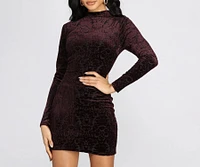 Flocked Velvet Mock Neck Mini Dress