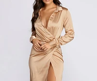 Sleek Satin Wrap Front Dress