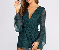Chiffon Long Sleeve Knot Front Mini Dress