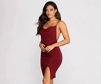 Cowl Neck Front Slit Midi Dress