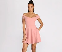 Give It A Spin Off Shoulder Pleated Skater Dress