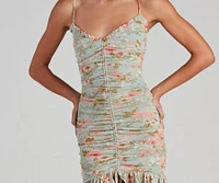 Spotted Floral Mesh Ruffle Hem Dress