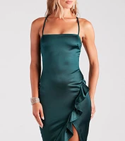 Dinner Party Satin Ruffle Midi Dress
