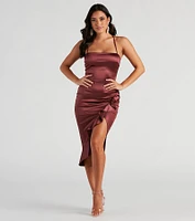 Dinner Party Satin Ruffle Midi Dress
