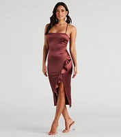 Dinner Party Satin Ruffle Midi Dress