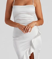 Dinner Party Satin Ruffle Midi Dress