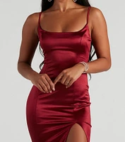 Behold Me Satin Slit Midi Dress