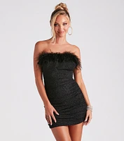 Radiant Glow Feather Trim Glitter Mini Dress