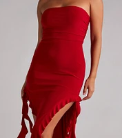 Flirtatious Aura Ruffled High Slit Midi Dress