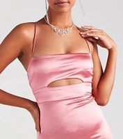 Step Out Glamour Satin Lace-Up Midi Dress