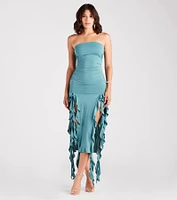 Flirty Attitude Ruffled High Slit Midi Dress