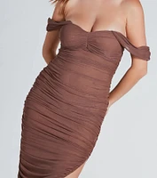 Can't Help It Mesh Off-The-Shoulder Midi Dress