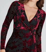 Vision Velvet Pattern V-Neck Tie Mini Dress