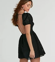 Flirty Aura Puff Sleeve Floral Lace Skater Dress