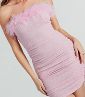 Radiant Glow Feather Trim Glitter Mini Dress