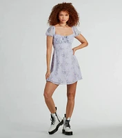 Sweetest Style Puff Sleeve Floral Chiffon Skater Dress