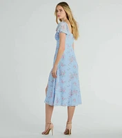 Forever Beauty Puff Sleeve Floral Chiffon Midi Dress
