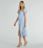 Forever Beauty Puff Sleeve Floral Chiffon Midi Dress