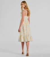 Delightfully Chic Ruffled Floral Chiffon Midi Dress