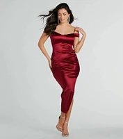 Stunning Arrival Satin Ruched Midi Dress