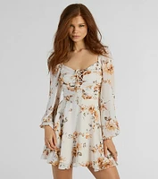 Gorgeous Mood Lace Up Floral Chiffon Skater Dress