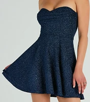Got Ya Shimmering Strapless Glitter Skater Dress