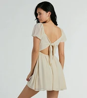 Flirt And Twirl Puff Sleeve Tie-Back Skater Dress