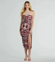 Chic Illusion Strapless Artsy Printed Midi Dress