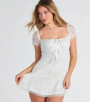 Lovely Lace Ruffled Puff Sleeve Mini Dress