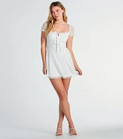 Lovely Lace Ruffled Puff Sleeve Mini Dress
