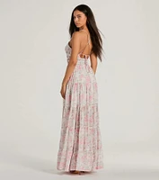 Exceptional Bliss Lace-Up Floral Chiffon Maxi Dress