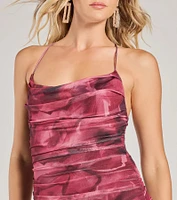 Artsy Essence Sleeveless Floral Abstract Mesh Midi Dress