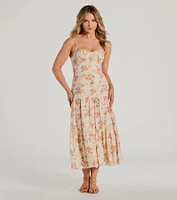 Soiree Hour Lace-Up Ruffled Floral Midi Dress